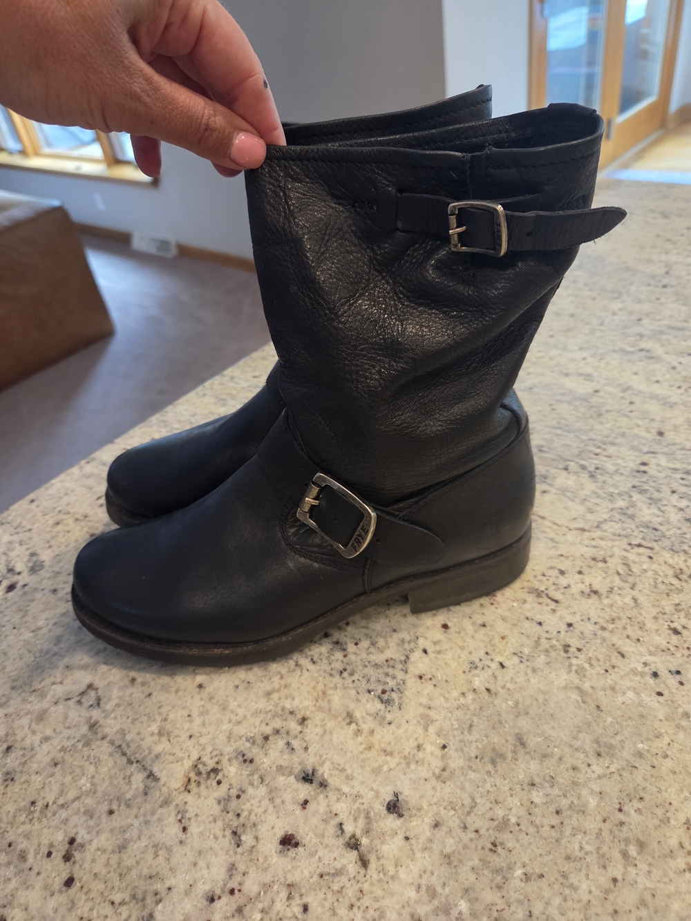 Frye Veronica Black Leather Mid-Calf Buckle Boots. Size 6.5